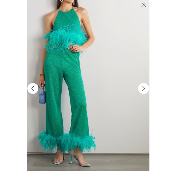 OSÉREE Lumière Feather-Trimmed Metallic Glitter Halter Top & Cropped Pants - Picture 3 of 15